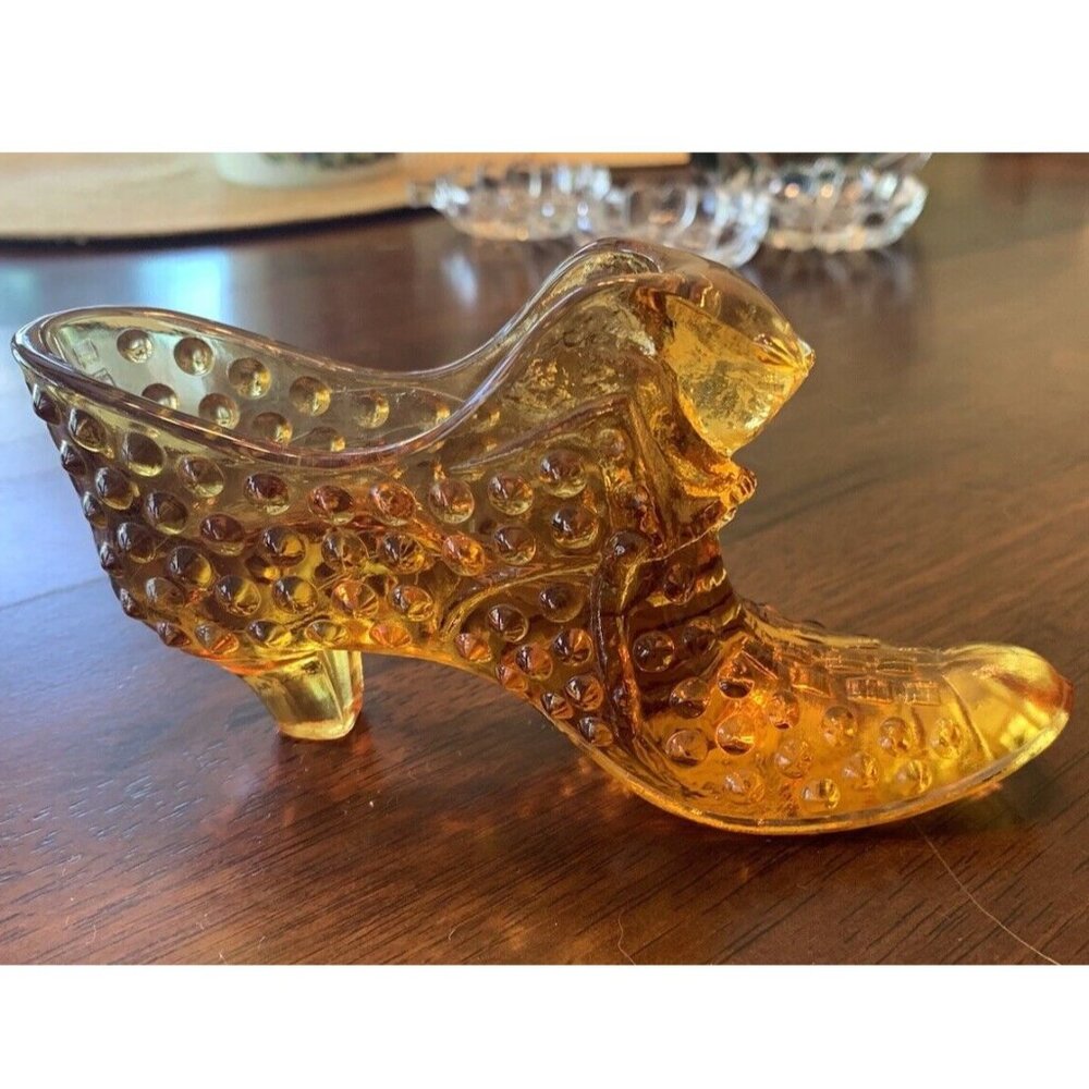 Vintage FENTON Art Glass Amber‎ Hobnail Shoe Slipper with Cat Head